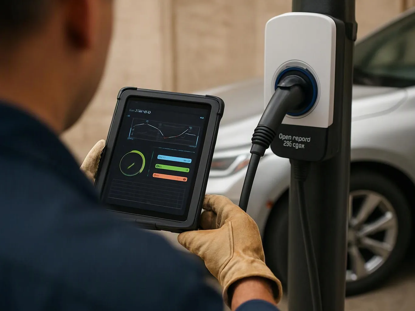 A worker in gloves checks a tablet beside a plugged-in electric car charging station outdoors
