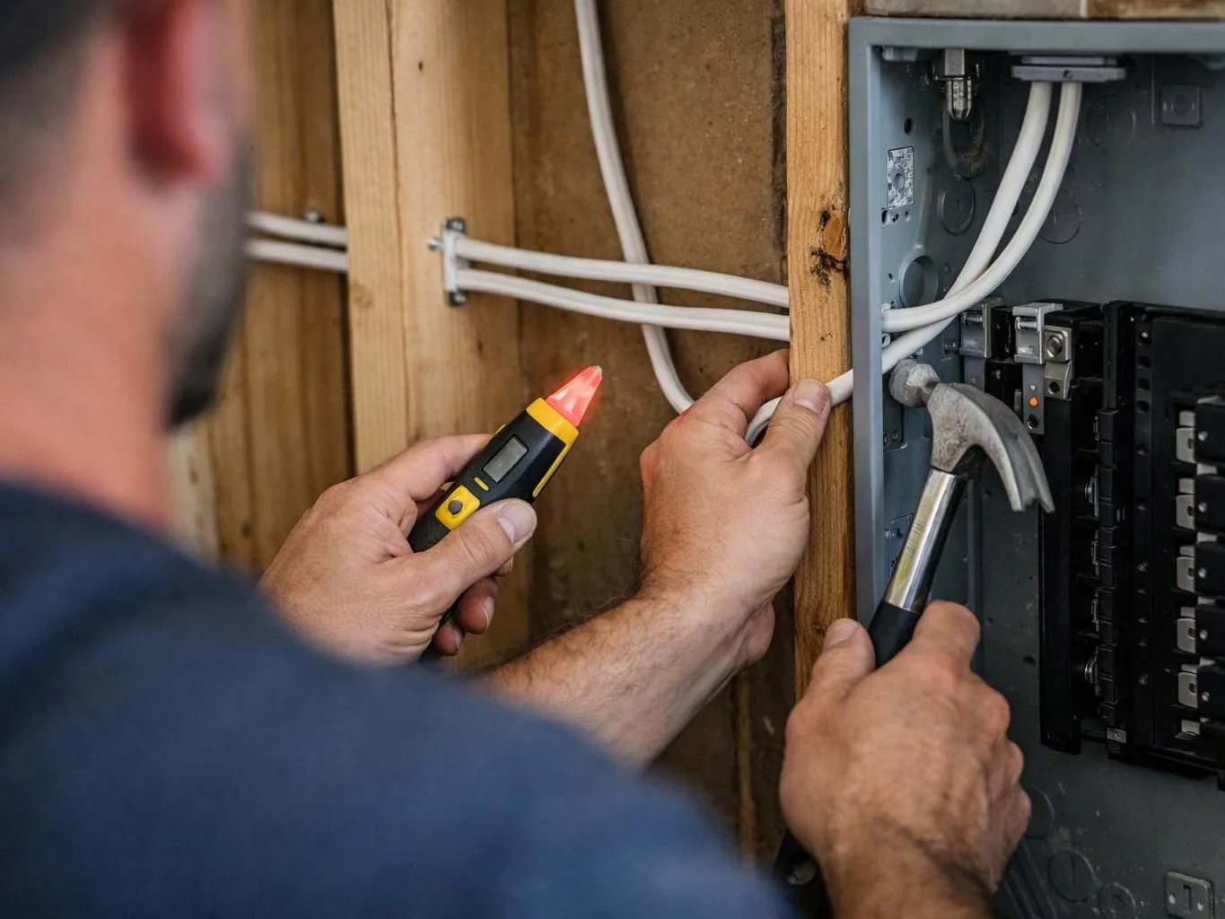 A worker holds a voltage tester and hammer while handling white wires inside an open electrical panel