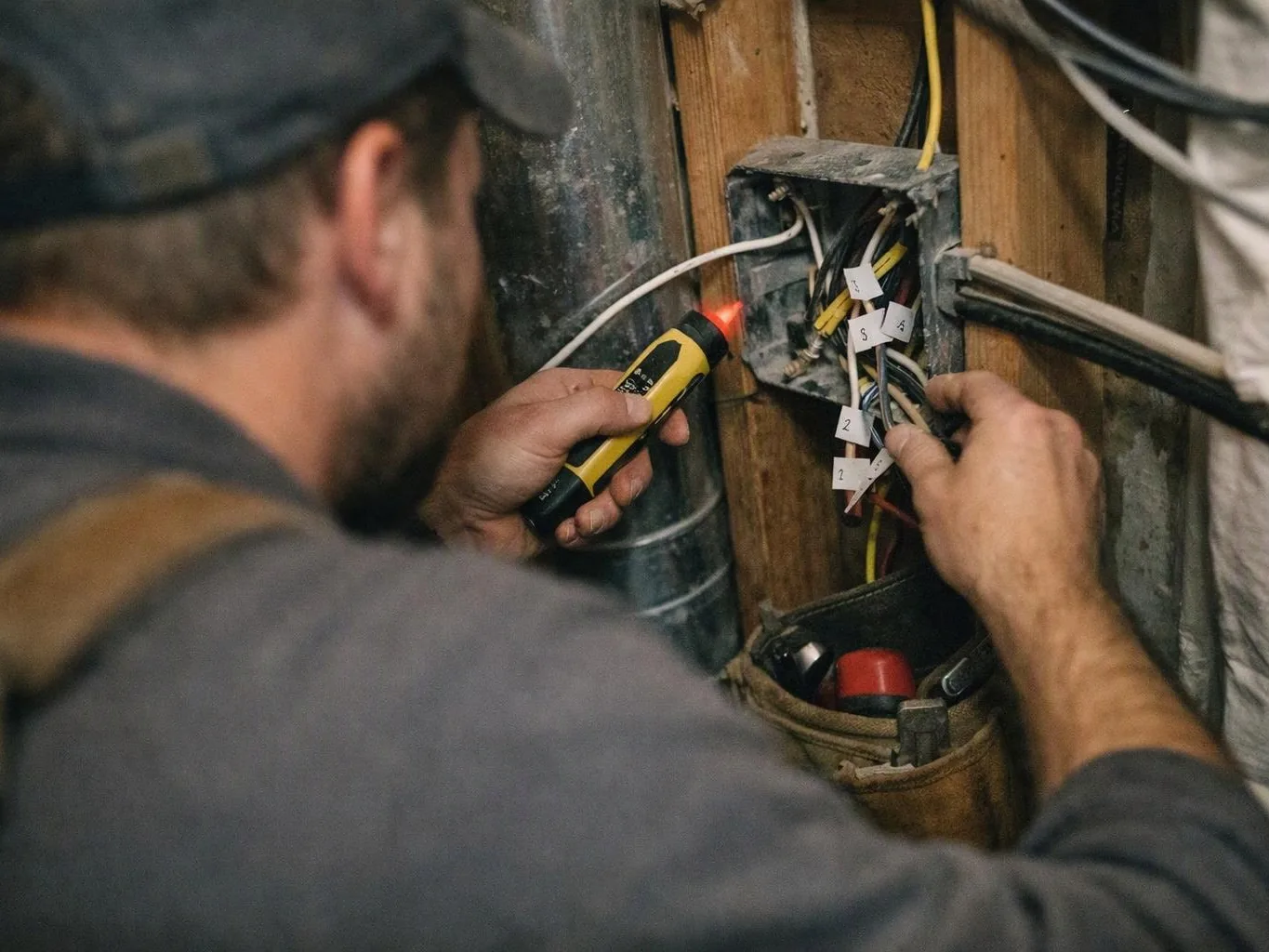 A worker inspects exposed wiring in a wall box with a glowing tester tool