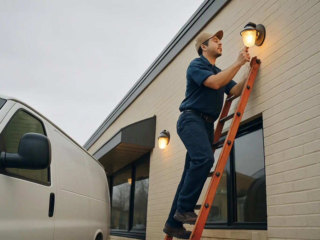 A worker on a ladder changes a glowing wall light beside a beige building, with a white van parked nearby
