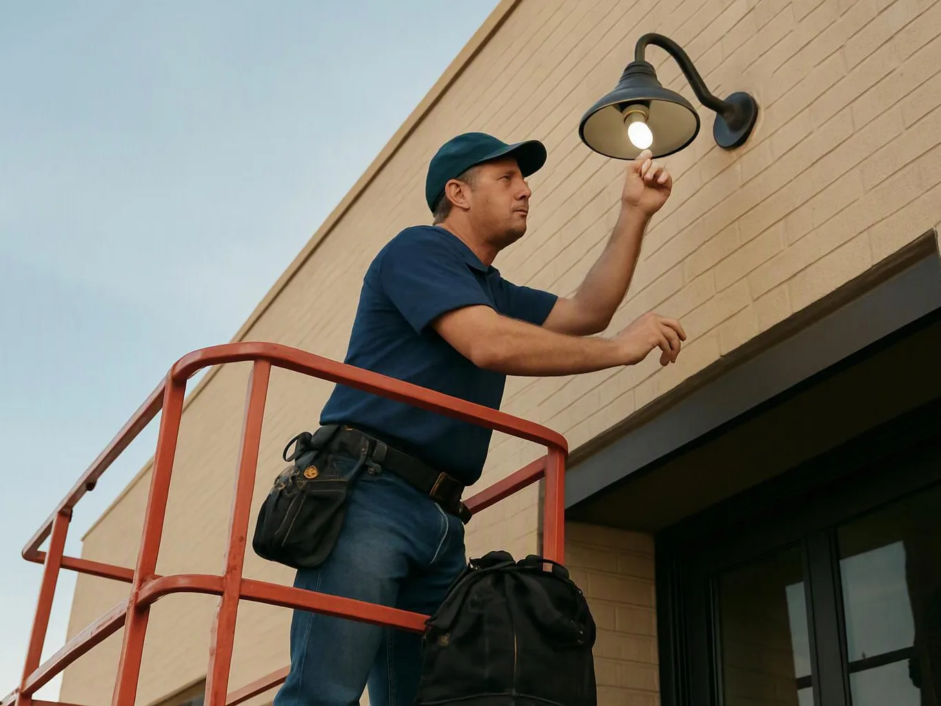 A worker on a lift checks a wall light on a beige brick building