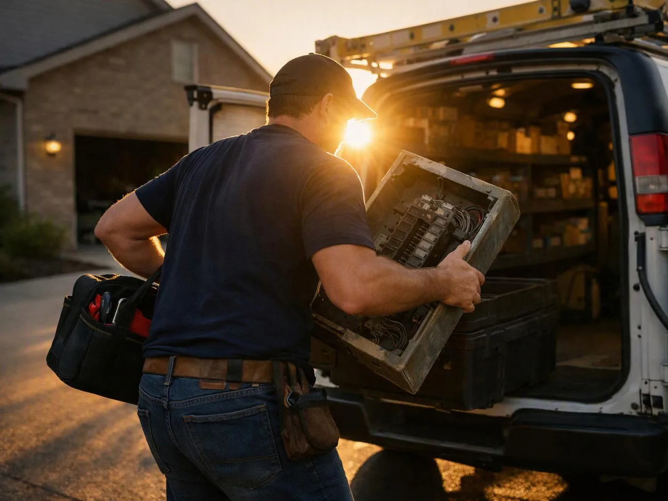 A worker loads an electrical panel into a van at sunset on a residential street