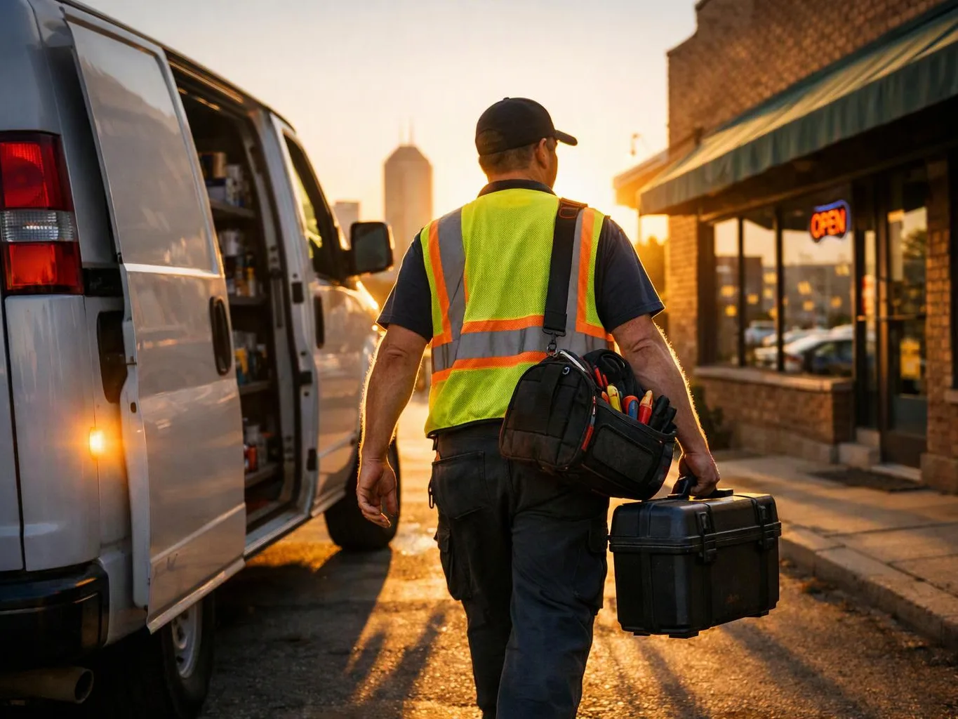 A worker in a safety vest walks beside a white van carrying a toolbox on a sunlit street