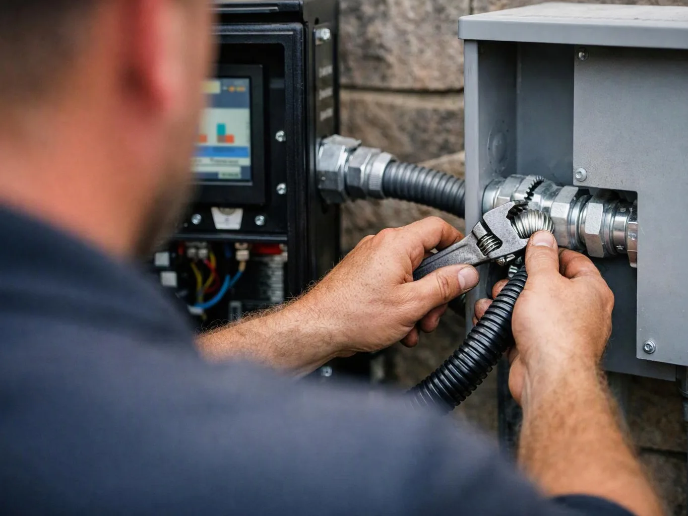 A worker tightens a metal conduit fitting on an electrical box beside a control panel