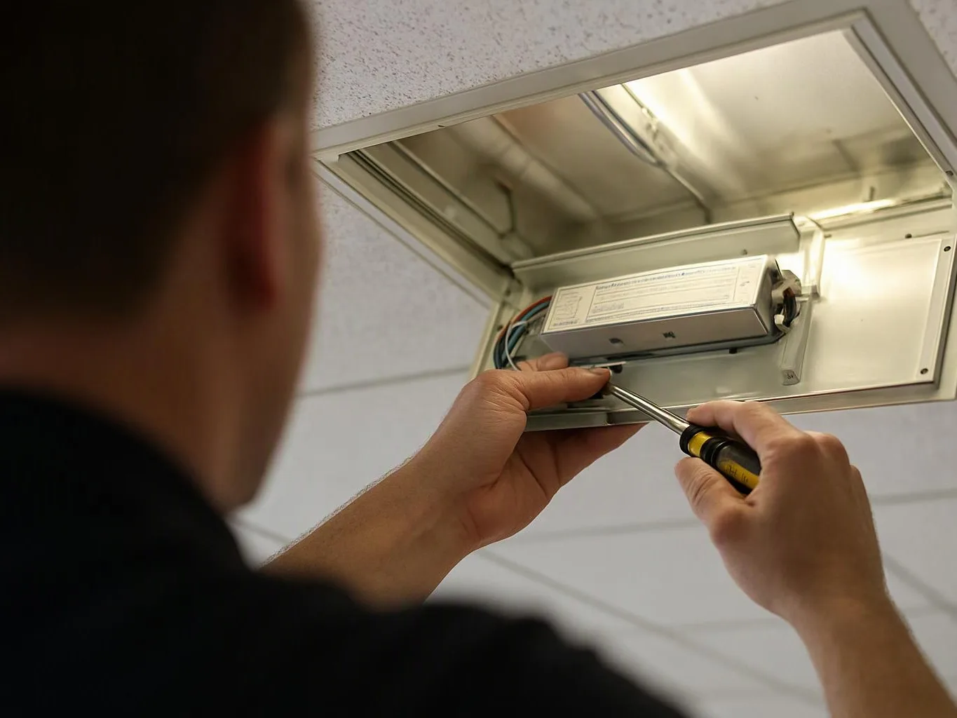 A worker uses a screwdriver to service a ceiling light fixture in a tiled room