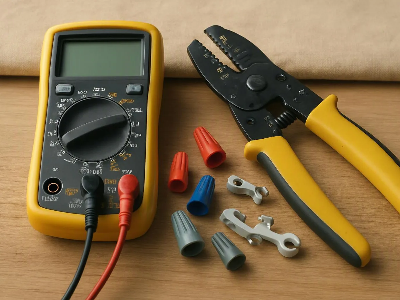 A yellow digital multimeter and wire stripper sit beside colorful wire nuts and small metal connectors on a wooden surface